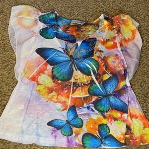 Unity Petite Large Multicolor Blue Butterfly Blouse with shear sleeves